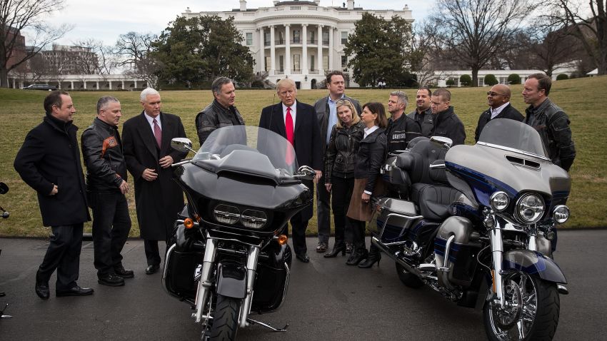 WASHINGTON, DC - FEBRUARY 2:  President Donald Trump (C) talks with Harley Davidson executives on the South Lawn of the White House, February 2, 2017 in Washington, DC. President Trump is meeting with Harley Davidson executives on Thursday afternoon. (Photo by Drew Angerer/Getty Images)