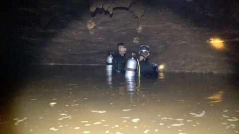 The Thai Navy SEALs shared this image on Facebook with the caption, "Divers have to dive 5 meters deep to enter the main chamber." A portion of the photo was obscured by the Thai Navy SEALs.