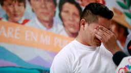 Christian, from Honduras, recounts his separation from his child at the border during a news conference at the Annunciation House, Monday, June 25, 2018, in El Paso, Texas. 32 parents waiting to be reconciled with their children have been released by Border Patrol the the Annunciation House. (AP Photo/Matt York)