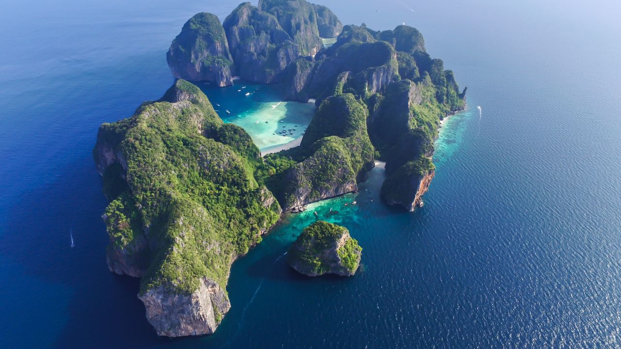 An aerial view of Thailand's Phi Phi Leh island, home to Maya Bay. 