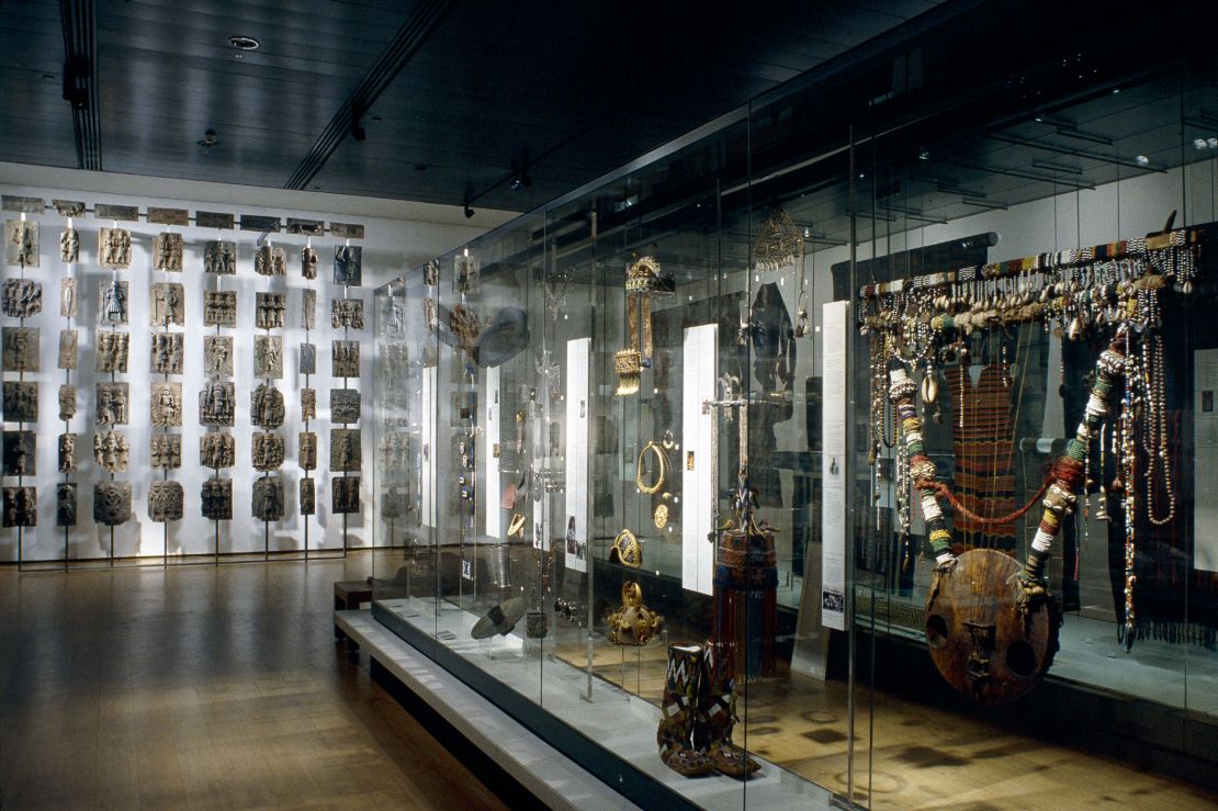 Benin bronzes on display at the British Museum in London. The museum holds one of the world's largest collection of bronzes with around 700 pieces