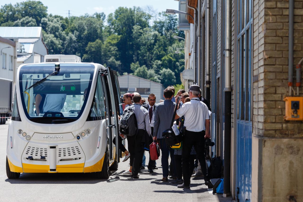 The Trapizio bus stops for passengers in the Swiss town of Neuhausen Rheinfall.