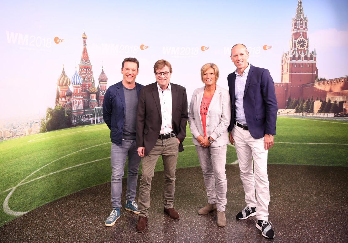 Oliver Schmidt, Bela Rethy, Claudia Neumann and Martin Schneider pose for a picture during the ARD and ZDF FIFA World Cup presenter team presentation.