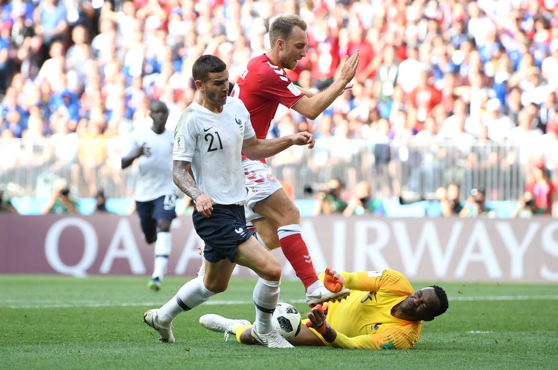 Denmark's Christian Eriksen was thwarted as he raced in on goal against France.   