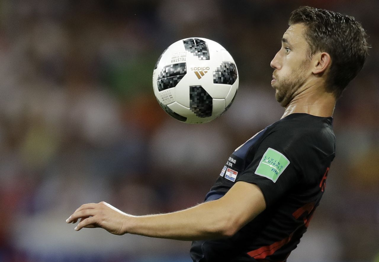 Croatia's Josip Pivaric prepares to chest the ball during the team's 1-0 win against Iceland on June 26. Croatia improved its record to 3-0 in the tournament.