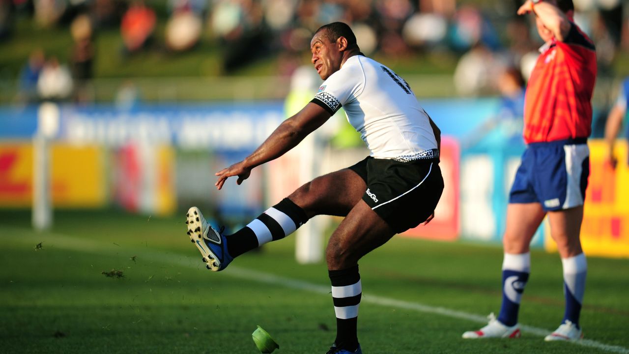 Seremaia Bai of Fiji attempts a kick at goal as Referee Nigel Owens of Wales looks on during the IRB 2011 Rugby World Cup Pool D match between Fiji and Namibia at Rotorua International Stadium on September 10, 2011 in Rotorua, New Zealand.  (Photo by Stu Forster/Getty Images)