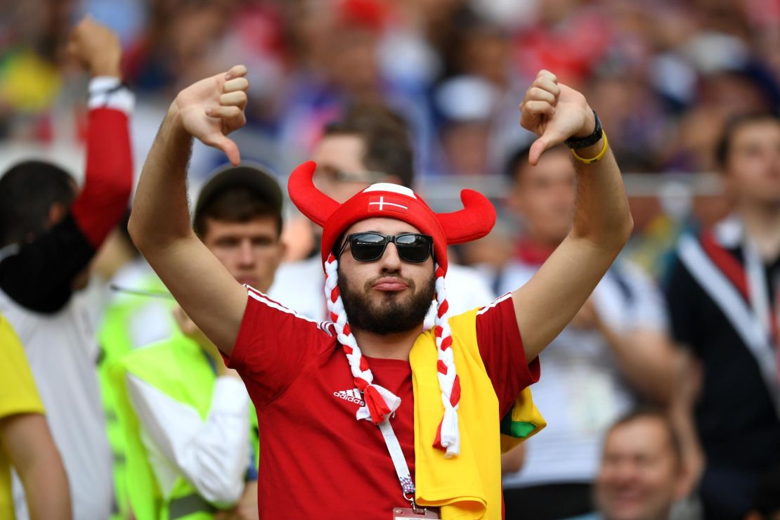 This fan may have been giving the thumbs down to the entertainment value in France's 0-0 draw against Denmark at the World Cup. 