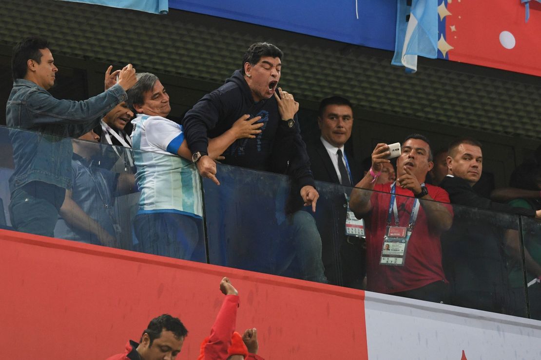 Maradona (C) gestures during the  Group D match between Nigeria and Argentina.