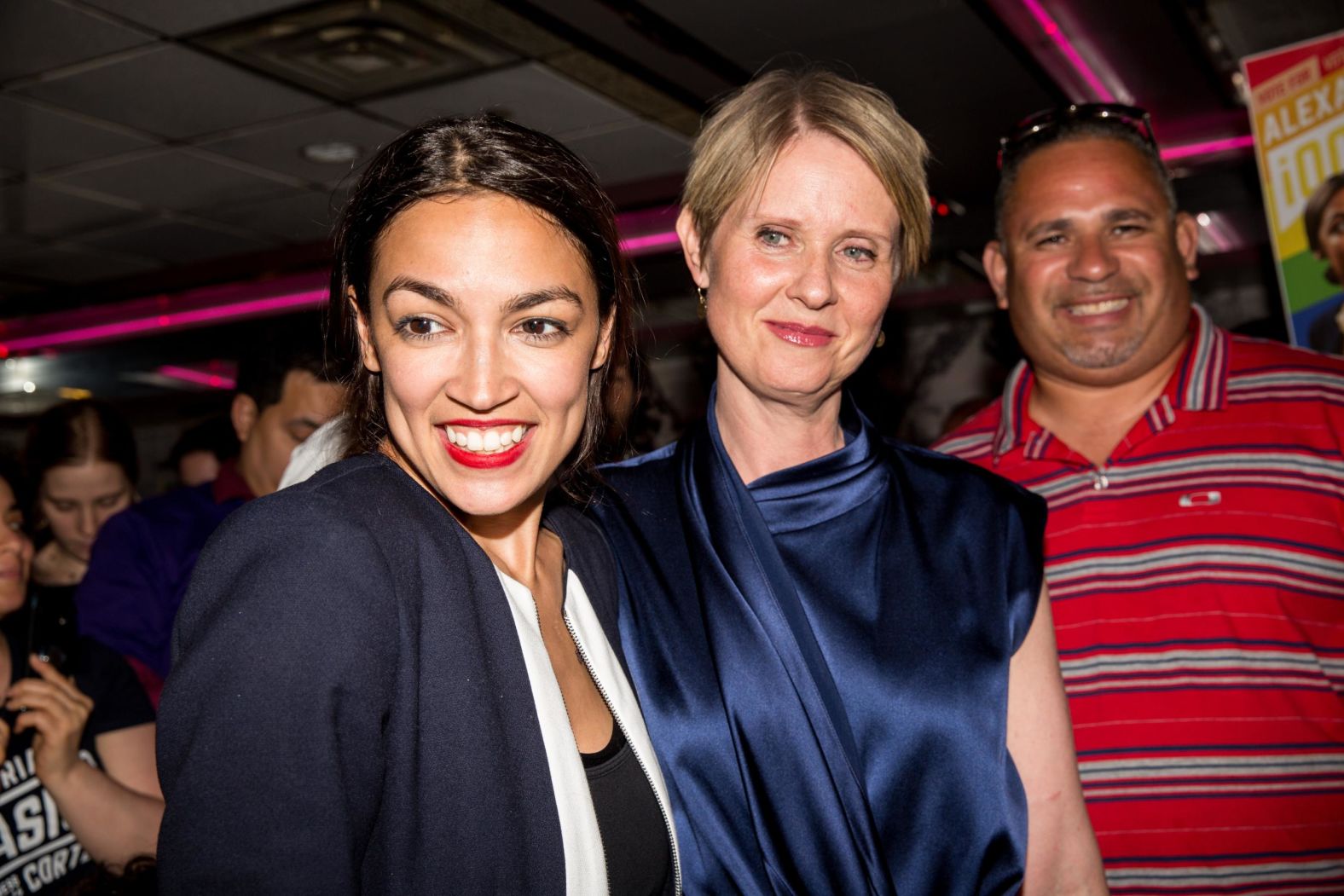 Ocasio-Cortez is joined at her victory party by New York gubernatorial candidate Cynthia Nixon.