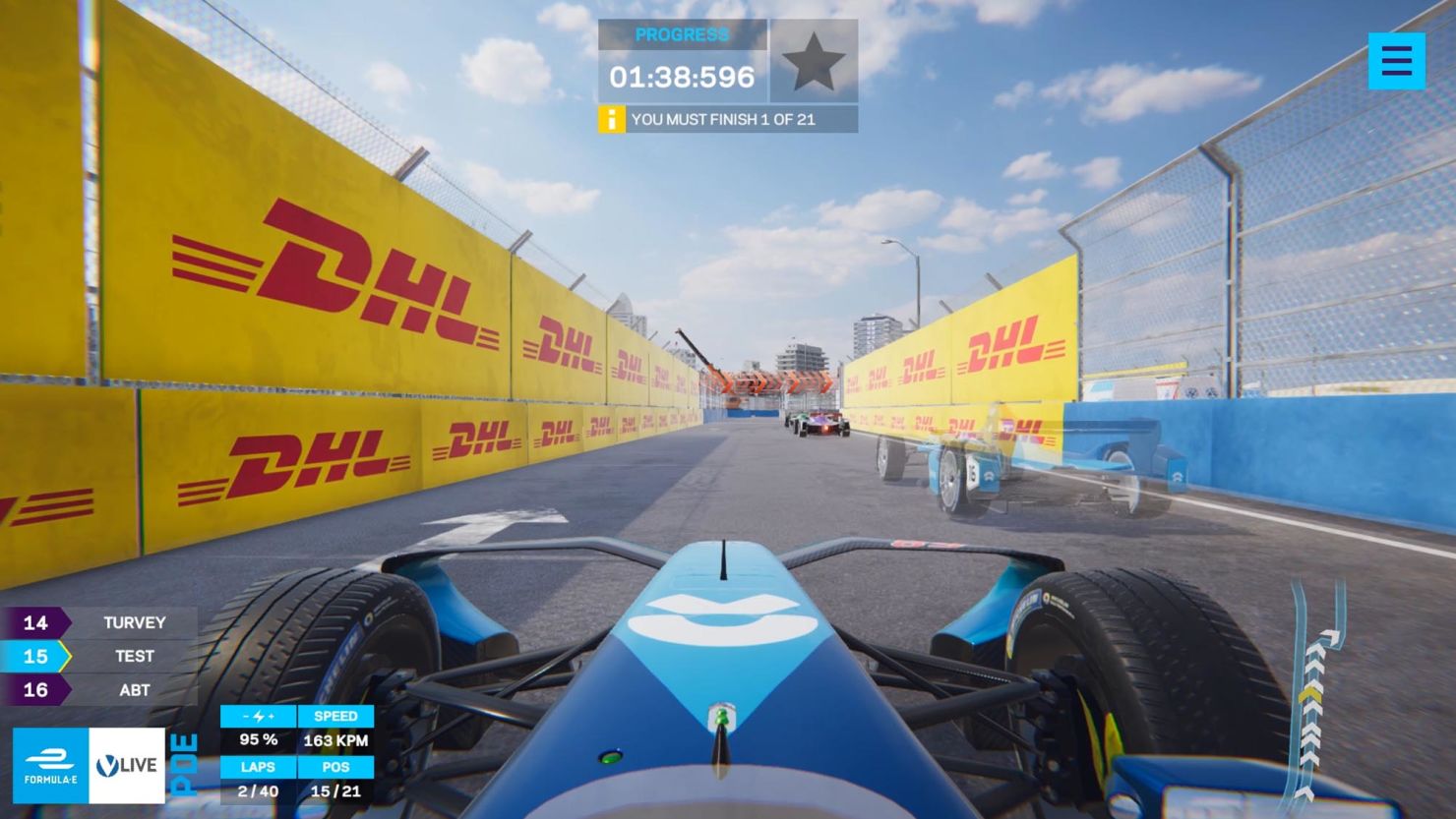 A screenshot of the live ghost racing game showing Formula E cars in action. 