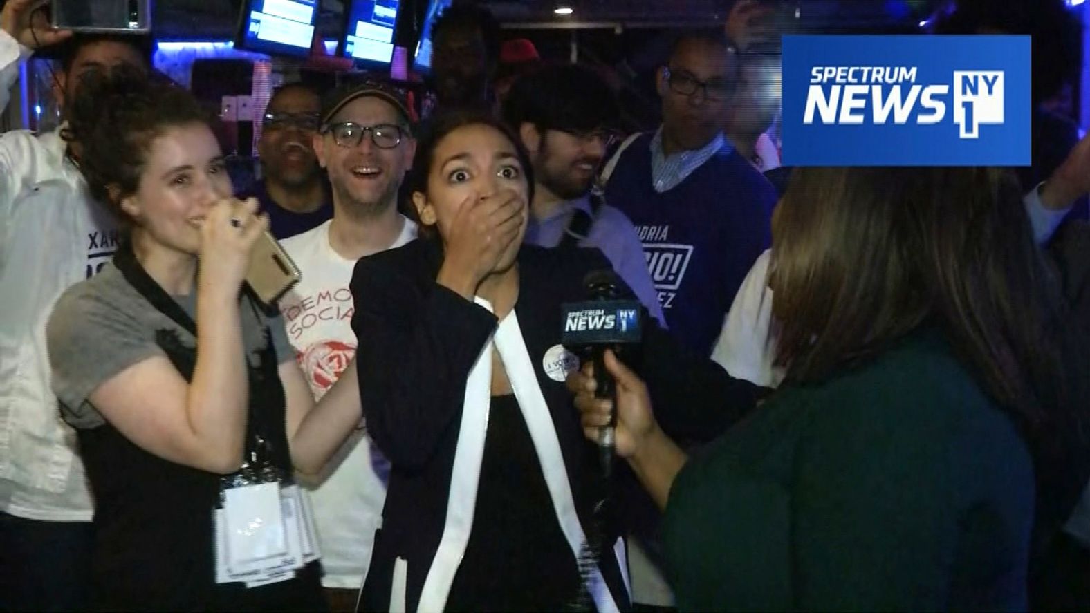 This image, taken from video, shows Ocasio-Cortez reacting to results on election night.