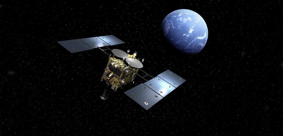 An artist's impression of Japan's Hayabusa-2 probe on its way to Ryugu asteroid. If it makes it back to Earth on schedule at the end of 2020, it will be the <a href="index.php?page=&url=https%3A%2F%2Fedition.cnn.com%2F2019%2F11%2F13%2Fasia%2Fjapan-spacecraft-hayabusa-2-asteroid-mission-return-scn-trnd%2Findex.html" target="_blank">first mission</a> to bring back samples from a C-class asteroid.