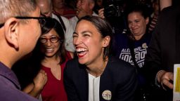 NEW YORK, NY - JUNE 26: Progressive challenger Alexandria Ocasio-Cortez celebrartes with supporters at a victory party in the Bronx after upsetting incumbent Democratic Representative Joseph Crowly on June 26, 2018 in New York City. Ocasio-Cortez upset Rep. Joseph Crowley in New York's 14th Congressional District, which includes parts of the Bronx and Queens. (Photo by Scott Heins/Getty Images)