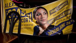 NEW YORK, NY - JUNE 26: A banner for progressive challenger Alexandria Ocasio-Cortez hangs across chairs at her victory party in the Bronx after an upset against incumbent Democratic Representative Joseph Crowly on June 26, 2018 in New York City.  Ocasio-Cortez upset Rep. Joseph Crowley in New York's 14th Congressional District, which includes parts of the Bronx and Queens. (Photo by Scott Heins/Getty Images)