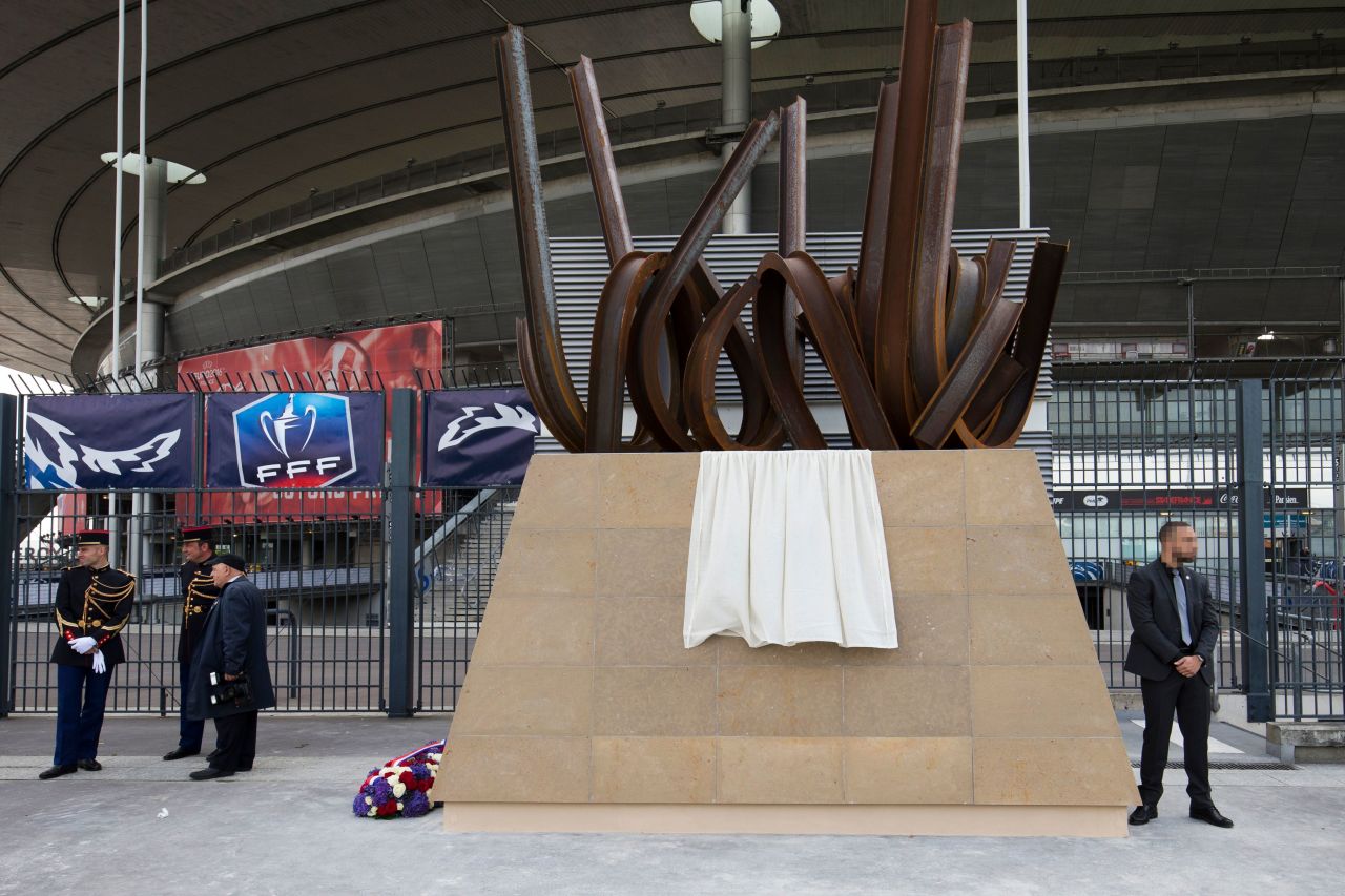 One of Rives' creations is displayed outside the Stade de France, the home of French rugby, in Paris. 