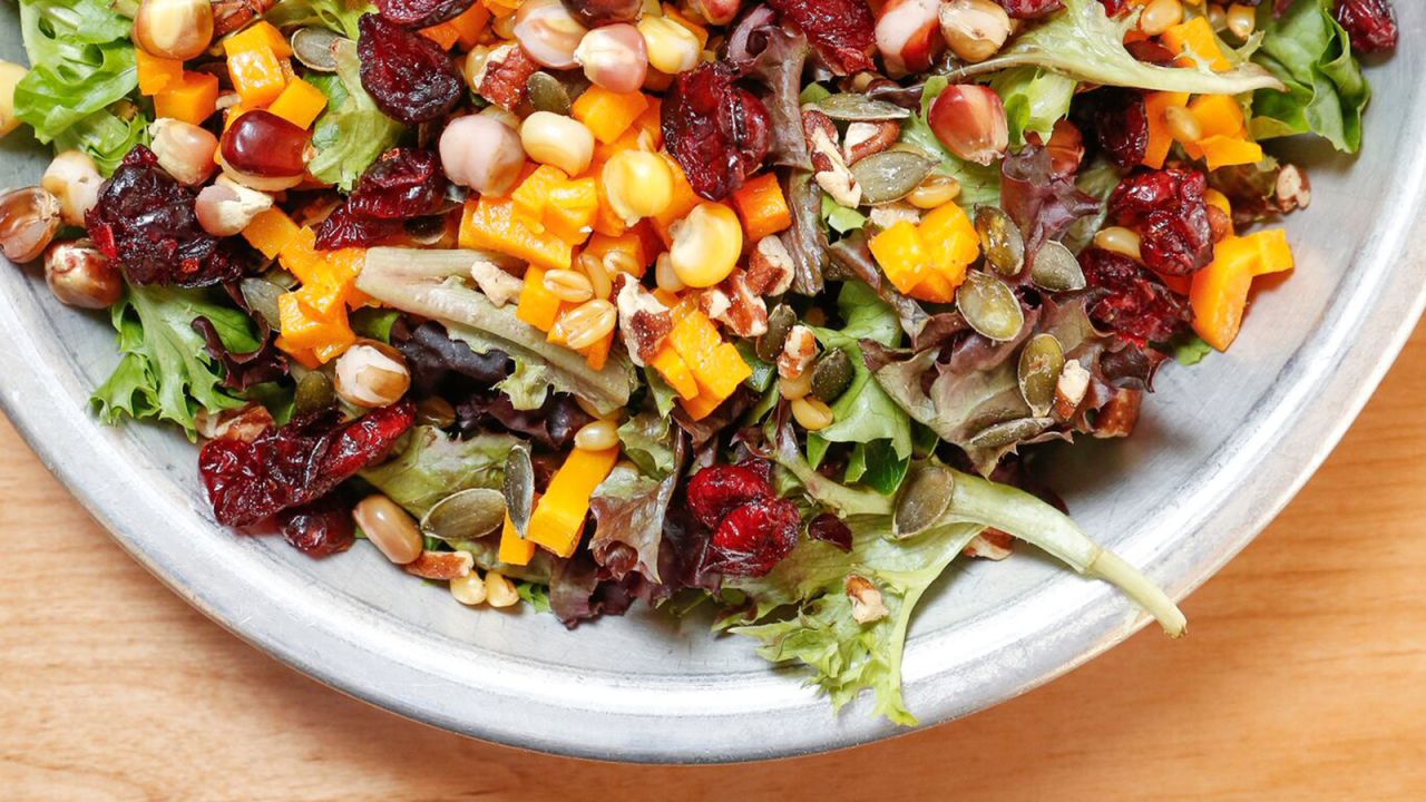<strong>Tocabe, Denver, Colorado:</strong> This vegan salad is made of an organic arcadia lettuce blend, butternut squash, Ute Mountain Indian corn, cranberries, pumpkin and sunflower seeds with elderberry vinaigrette.