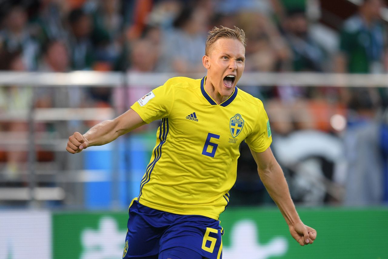 Ludwig Augustinsson celebrates after scoring Sweden's first goal in its 3-0 victory over Mexico on June 27. The result meant that Sweden would top Group F and Mexico would finish in second.