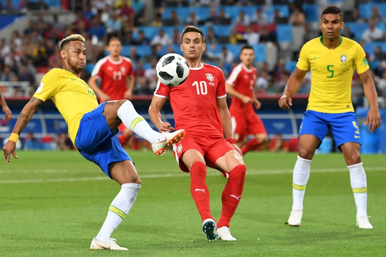 Brazilian star Neymar controls the ball during the Serbia match.