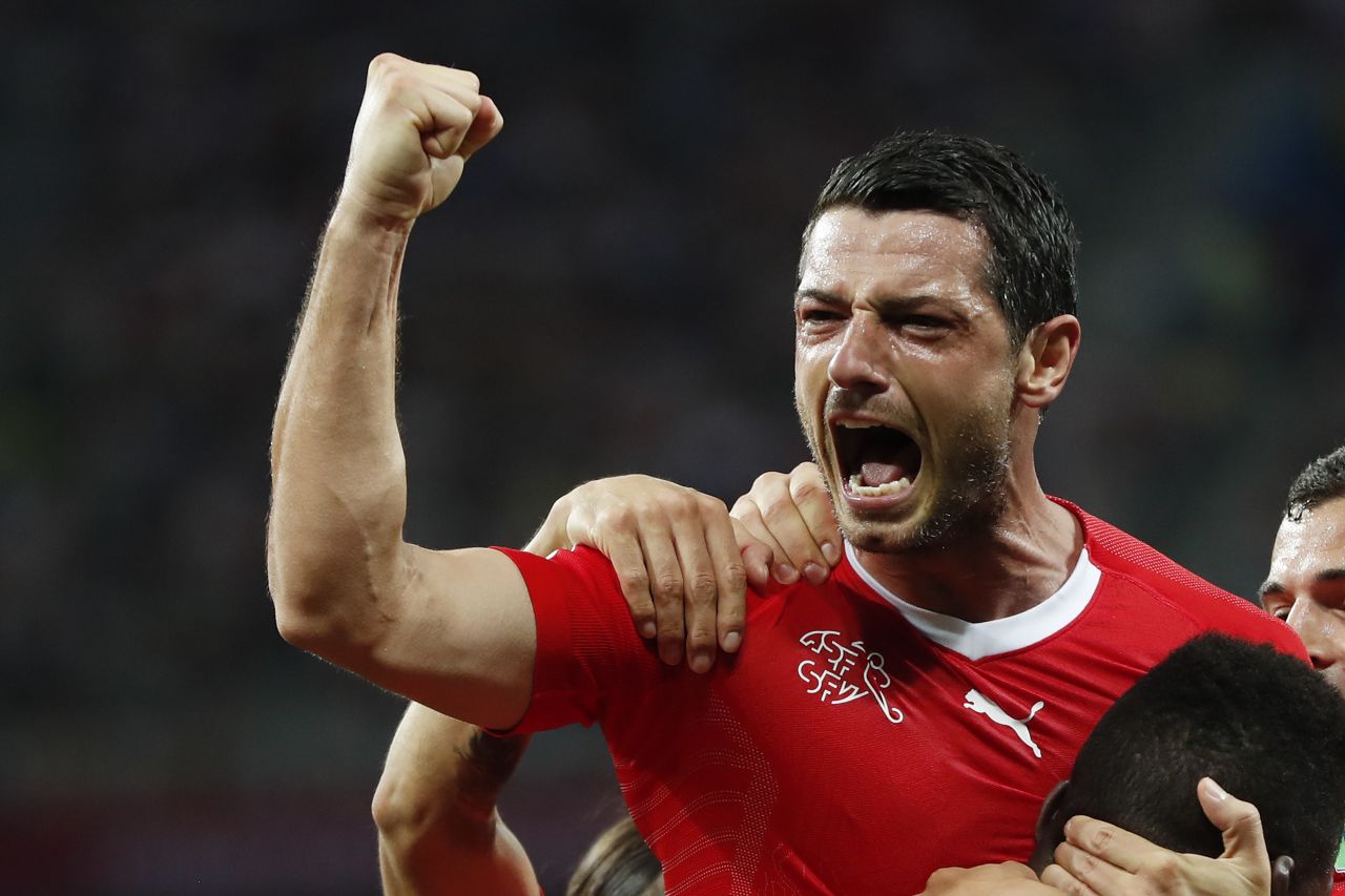 Switzerland's Blerim Dzemaili celebrates after scoring the first goal in his team's 2-2 draw with Costa Rica on June 27. Switzerland finished second in its group to advance to the knockout stage.