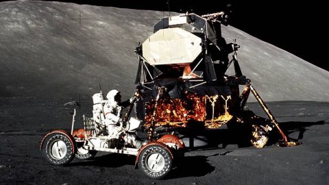 Apollo 17 mission commander Eugene Cernan drives the lunar roving vehicle.