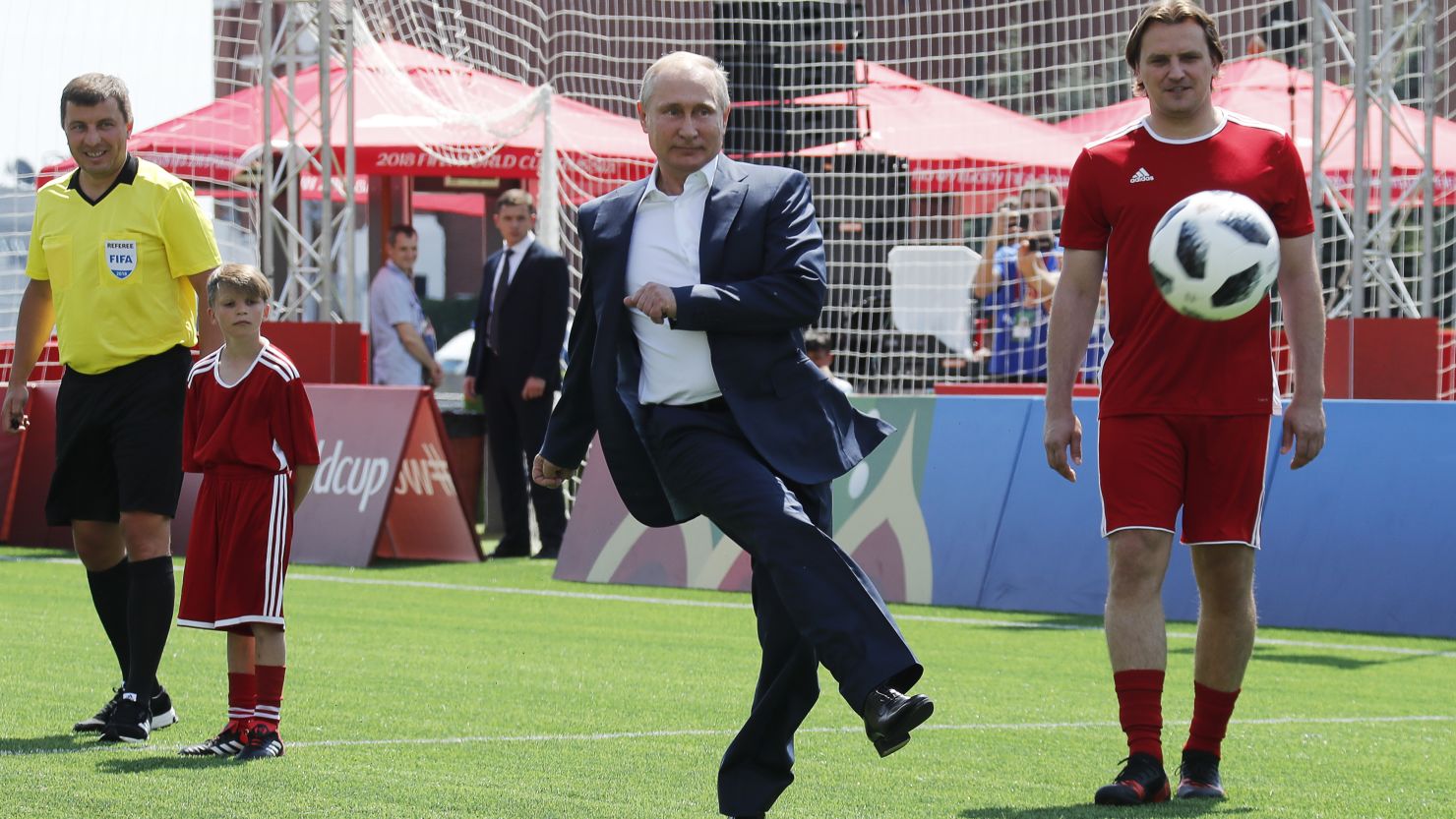 Putin has a go at the World Cup football park in Red Square. 