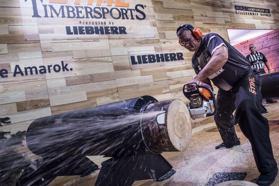 Woodchopping legend Jason Wynyard competes in the stock saw discipline during last year's  STIHL Timbersports World Championships in Lillehammer, Norway. The New Zealander holds 14 Series titles. 