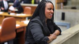 BOSTON, MA - FEBRUARY 1: Boston City Councilor Ayanna Pressley chats before the city council meeting at Boston City Hall in Boston on Feb. 1, 2017. (Photo by John Tlumacki/The Boston Globe via Getty Images)