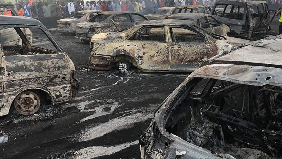 Some burnt cars at the scene of the oil tanker explosion on the Lagos-Ibadan bridge, Lagos State, Nigeria on June 28, 2018.