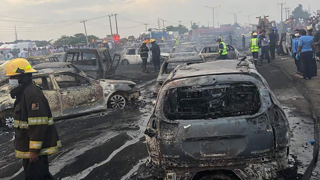 Rescue teams at the scene of the oil tanker explosion on the Lagos-Ibadan bridge, Lagos State, Nigeria on June 28, 2018.
