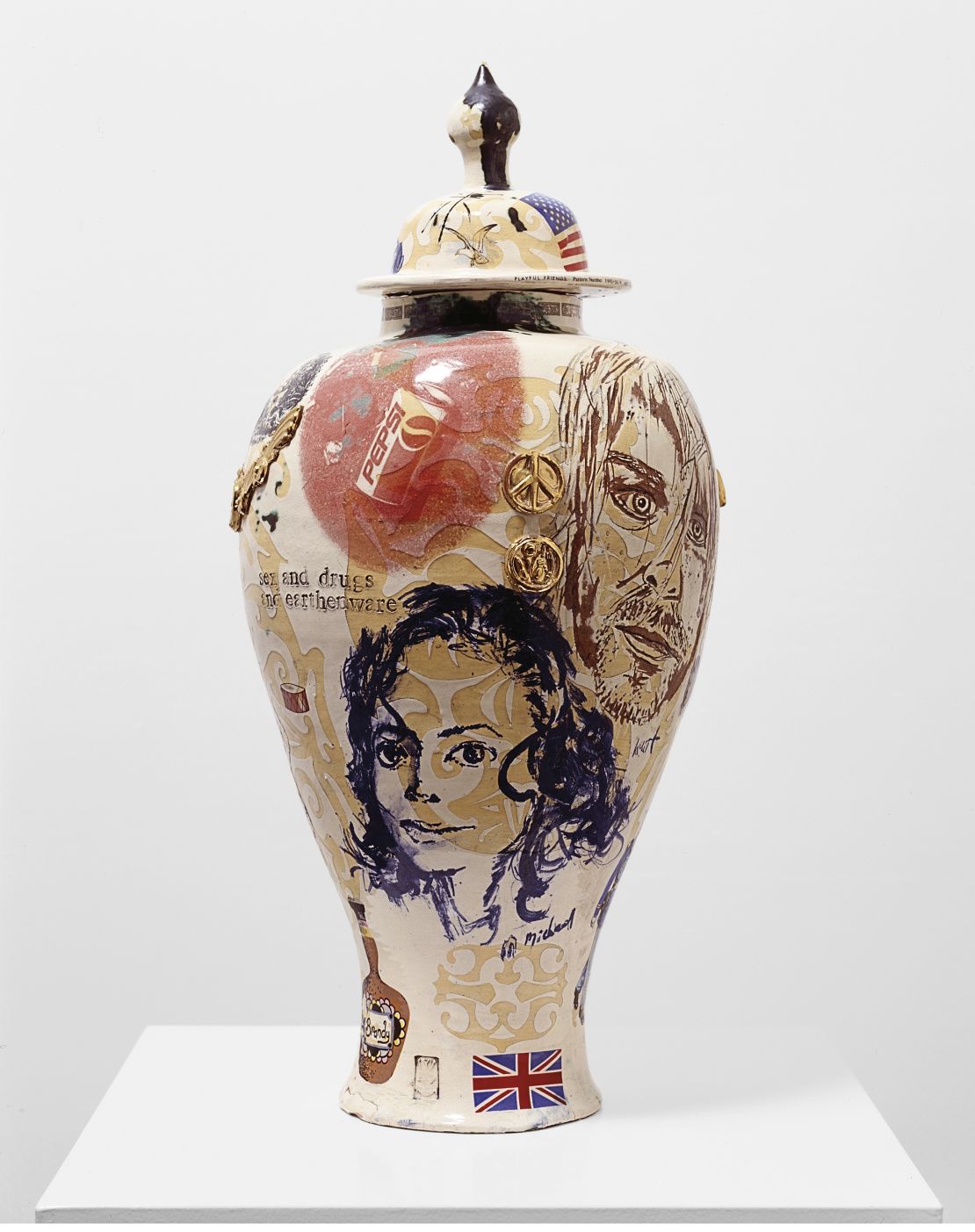 The exhibit makes use of a wide array of media, including photography, painting, video installation and sculpture, as seen in Grayson Perry's 1995 piece "Sex, Drugs and Earthenware."