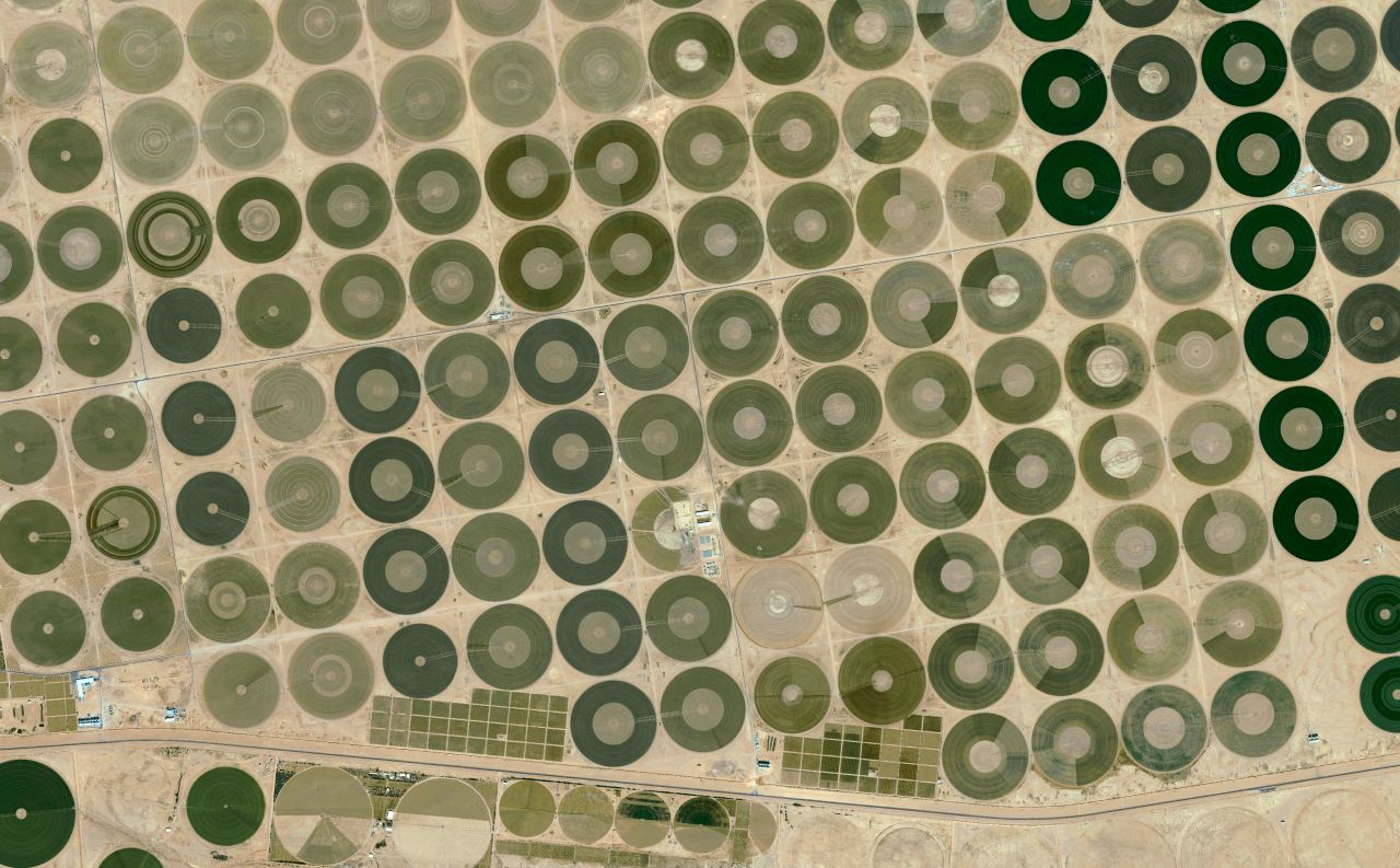 Countries in the region are withdrawing water from underground reservoirs faster than it can be replenished. This is mainly to irrigate farmland: agriculture accounts for nearly 80% of water usage in MENA, according to <a href=>a report from the World Bank</a>.<br /><br />Pictured here: Crop circles in Saudi Arabia draw on groundwater for irrigation. 
