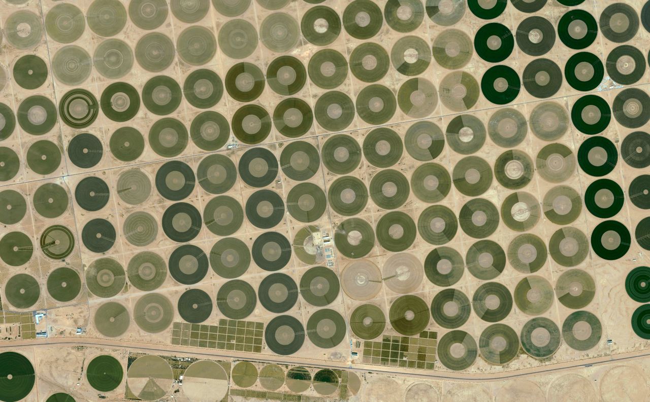 The Middle East and North Africa is home to just 1% of the world's freshwater resources. Countries in the region are withdrawing water from underground reservoirs faster than it can be replenished. This is mainly to irrigate farmland: agriculture accounts for nearly 80% of water usage in MENA, according to <a href="https://openknowledge.worldbank.org/handle/10986/27659" target="_blank" target="_blank">a report from the World Bank</a>. Pictured here: Crop circles in Saudi Arabia draw on groundwater for irrigation.