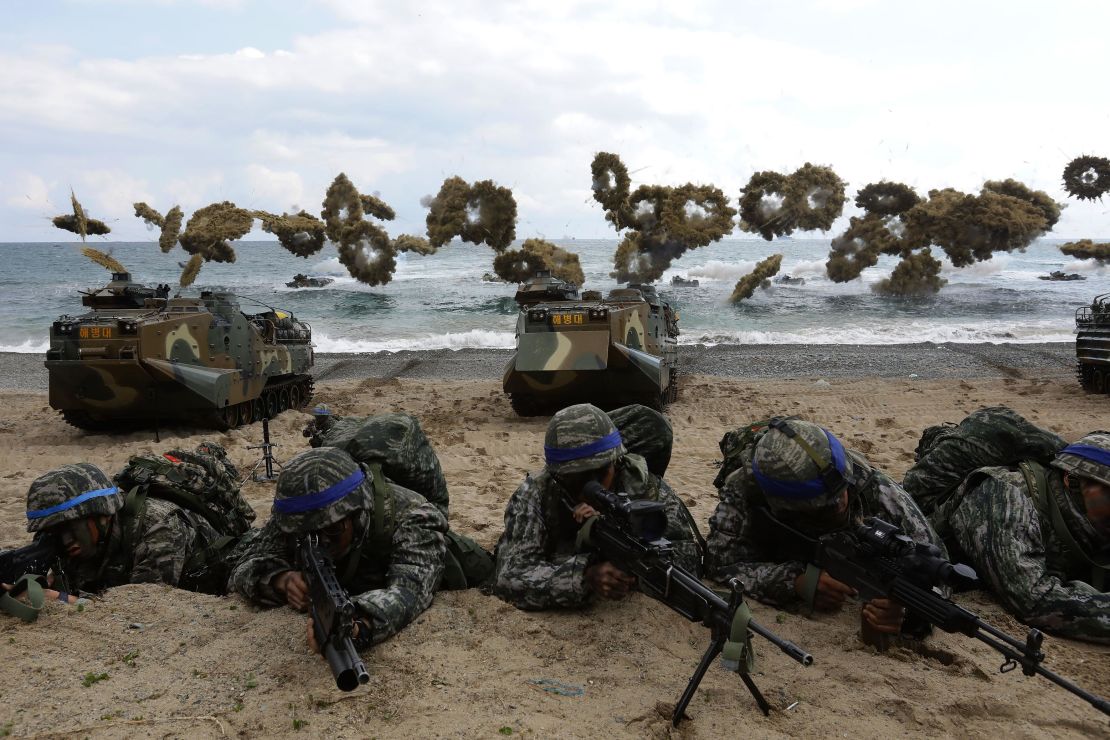 South Korean marines participate in landing operation referred to as Foal Eagle joint military exercise with US troops Pohang seashore on April 2, 2017 in Pohang, South Korea.