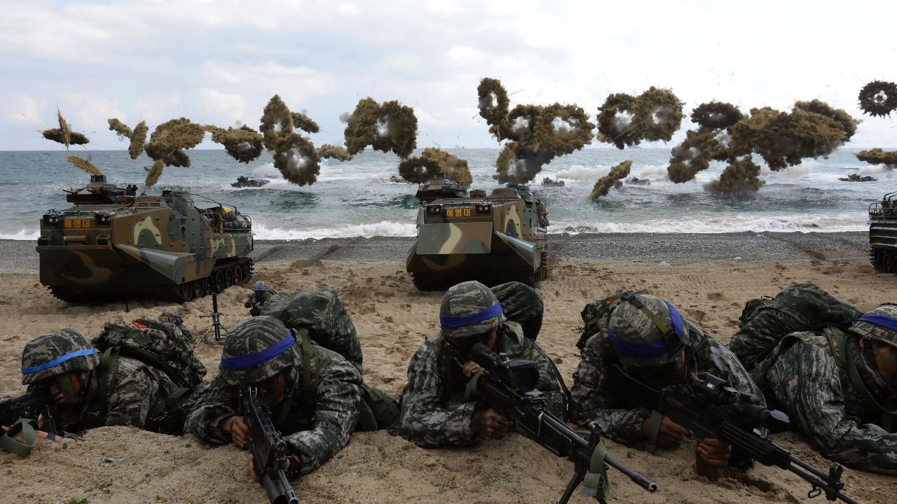 South Korean marines participate in landing operation referred to as Foal Eagle joint military exercise with US troops Pohang seashore on April 2, 2017 in Pohang, South Korea.
