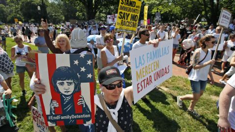Crowds protest the Trump administration's approach to illegal border crossings and separation of children from immigrant parents in  Washington.