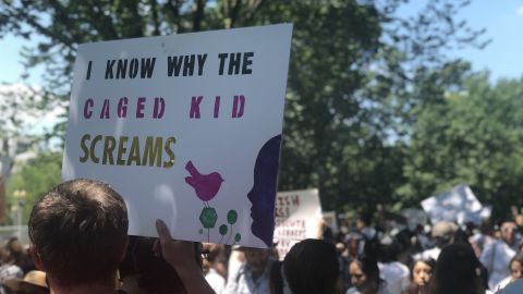 A Lafayette Square protester in Washington draws attention to the separation of immigrant families.