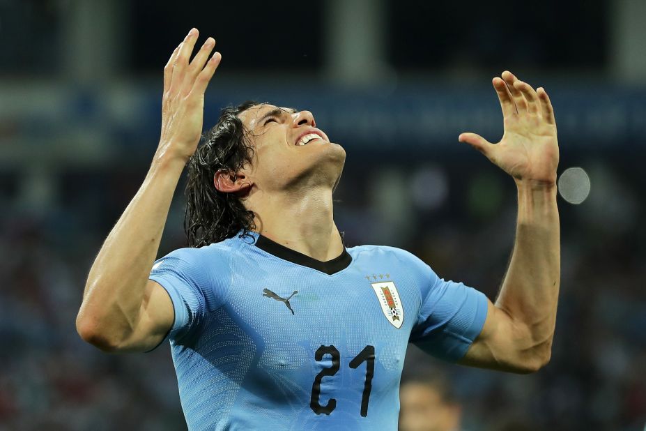 Edinson Cavani celebrates his second goal in a 2-0 victory over Portugal on June 30.