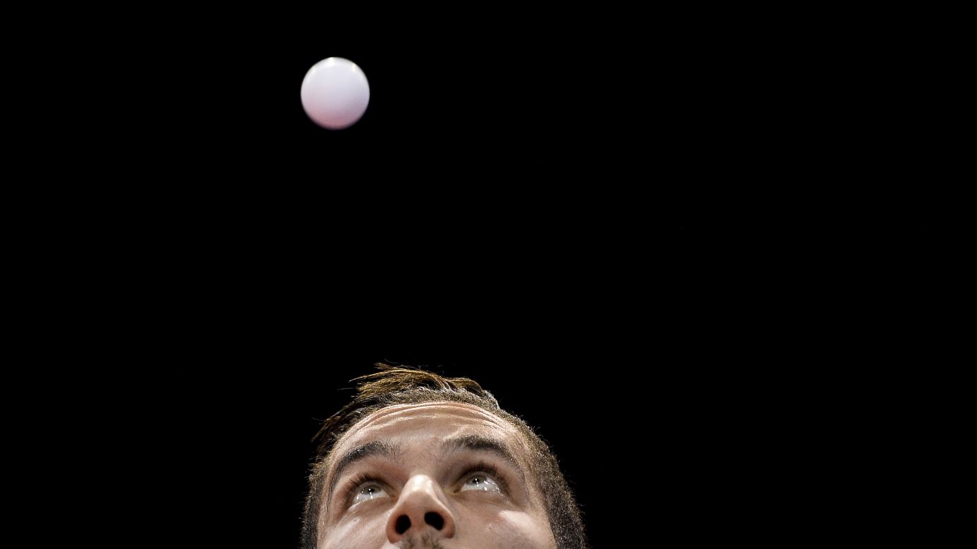 Tunisian Adam Hman eyes the ball during a men's table tennis match at the Tarragona XVIII Mediterranean Games on Friday, June 29. 