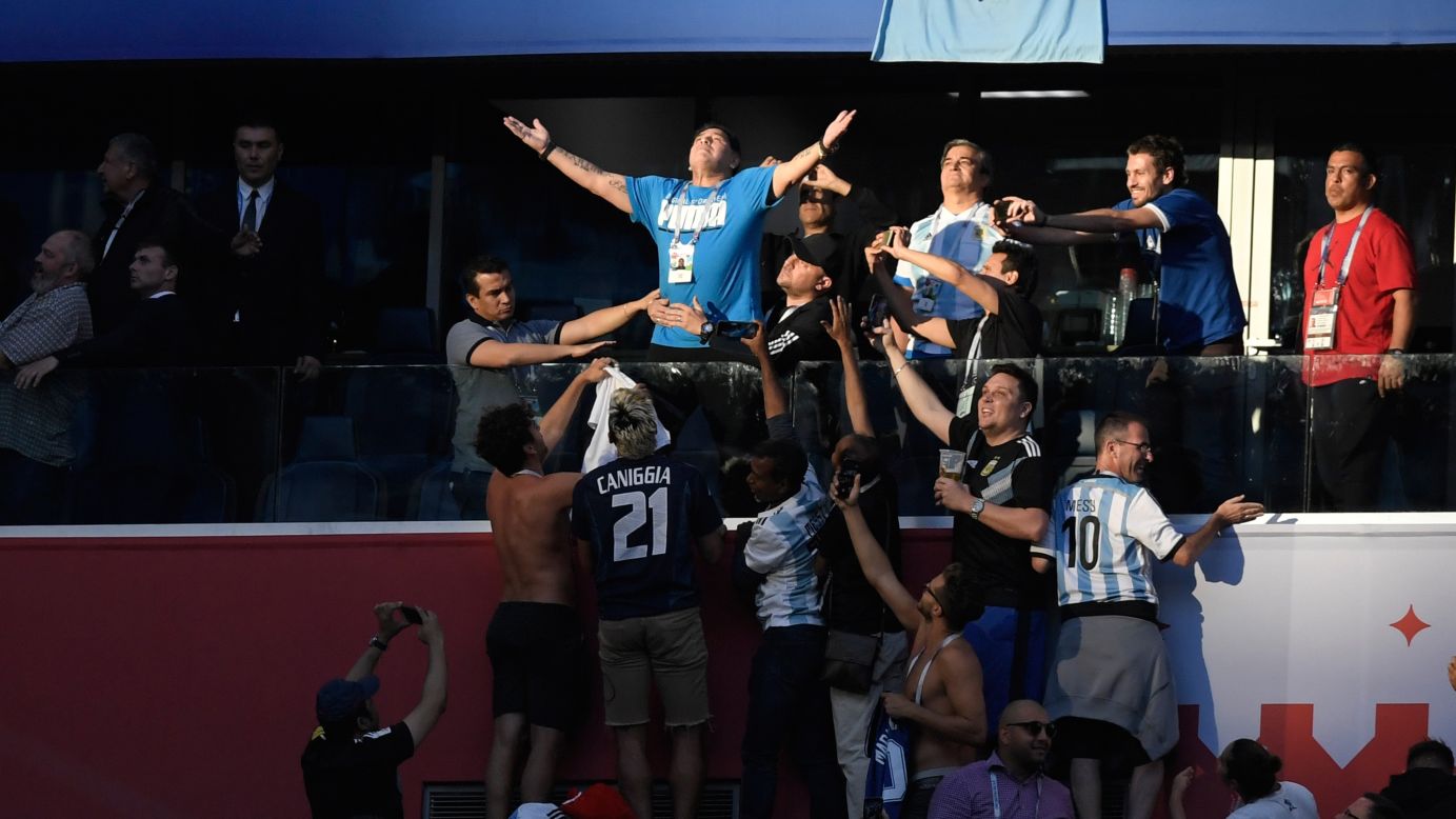 Argentina soccer legend Diego Maradona was in the crowd to watch his country take on Nigeria on Tuesday, June 26. And he drew attention from fans just as he did when he was a player.