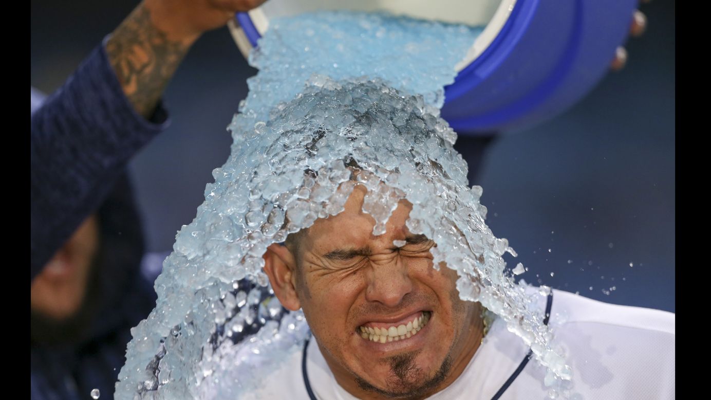 Tampa Bay Rays catcher Wilson Ramos gets drenched by teammate Jose Alvarado on Monday, June 25. The Tampa Bay Rays beat the Washington Nationals 11-0.