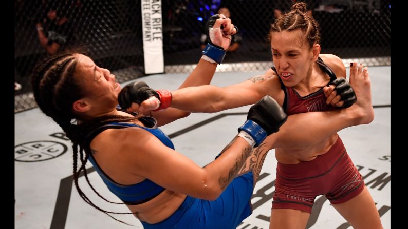 Antonina Shevchenko of Kyrgyzstan, right, punches Jaimee Nievera of the United States during Dana White's Tuesday Night Contender Series in Las Vegas on June 26. Shevchenko defeated Nievara in the second round.