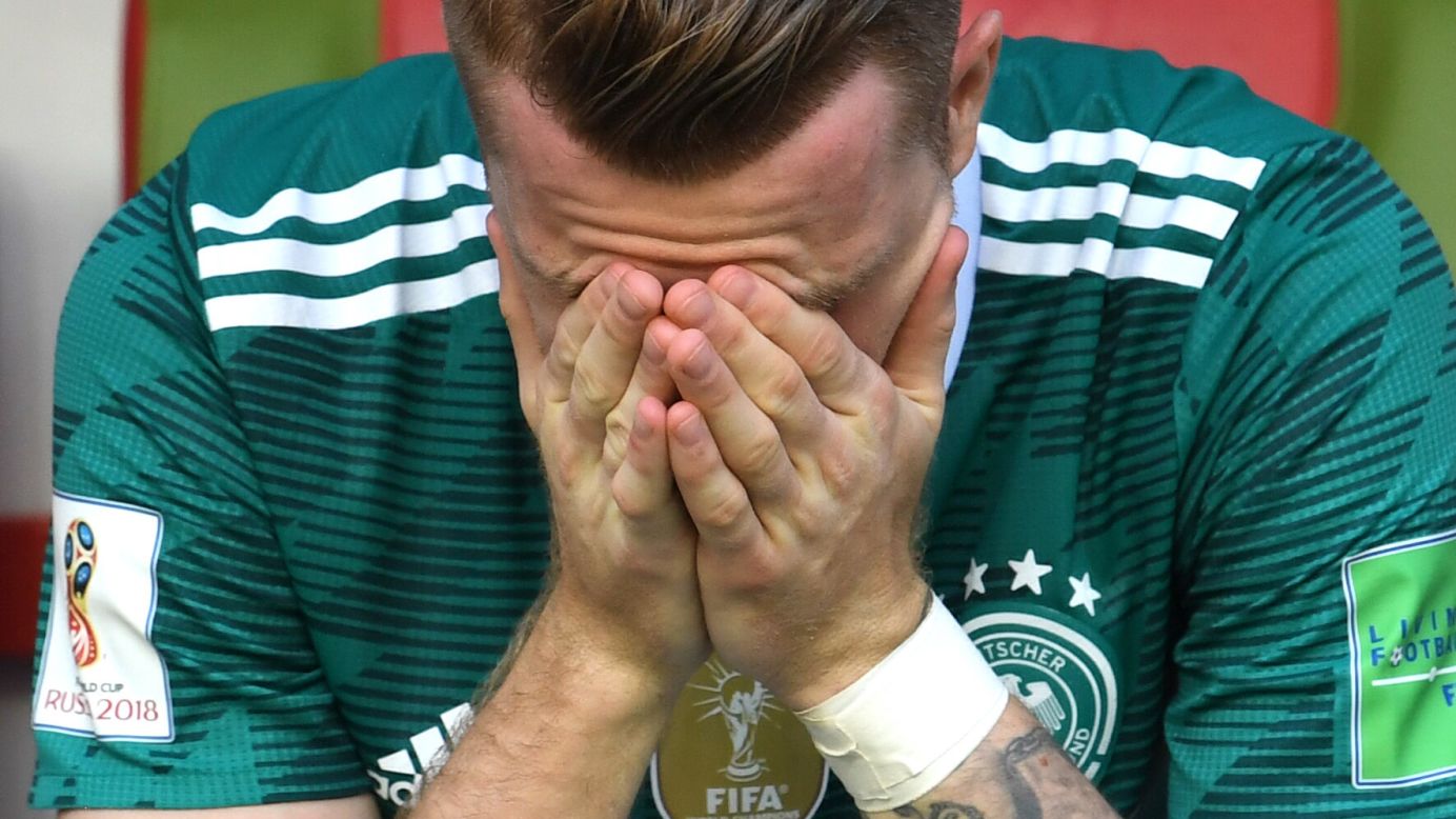 Germany's Marco Reus reacts after his team lost to South Korea and <a href="https://edition.cnn.com/2018/06/27/football/germany-south-korea-sweden-mexico-world-cup-2018-group-f-spt/index.html" target="_blank">was knocked out of the World Cup</a> on Wednesday, June 27. 
