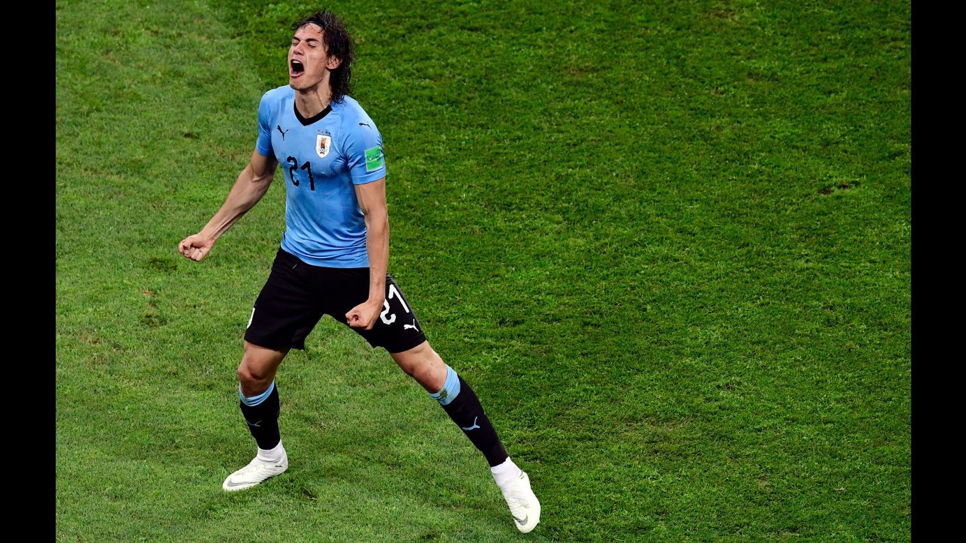 Uruguay's Edinson Cavani celebrates after scoring a goal during the World Cup match between Uruguay and Portugal on Saturday, June 30. <a href="https://www.cnn.com/2018/06/30/football/portugal-uruguay-cristiano-ronaldo-world-cup-spt-intl/index.html" target="_blank">Portugal fell to a 2-1 defeat</a> against two-time champions Uruguay.