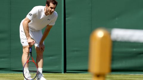 Andy Murray of Great Britain practices on court during training for the Wimbledon Lawn Tennis Championships.