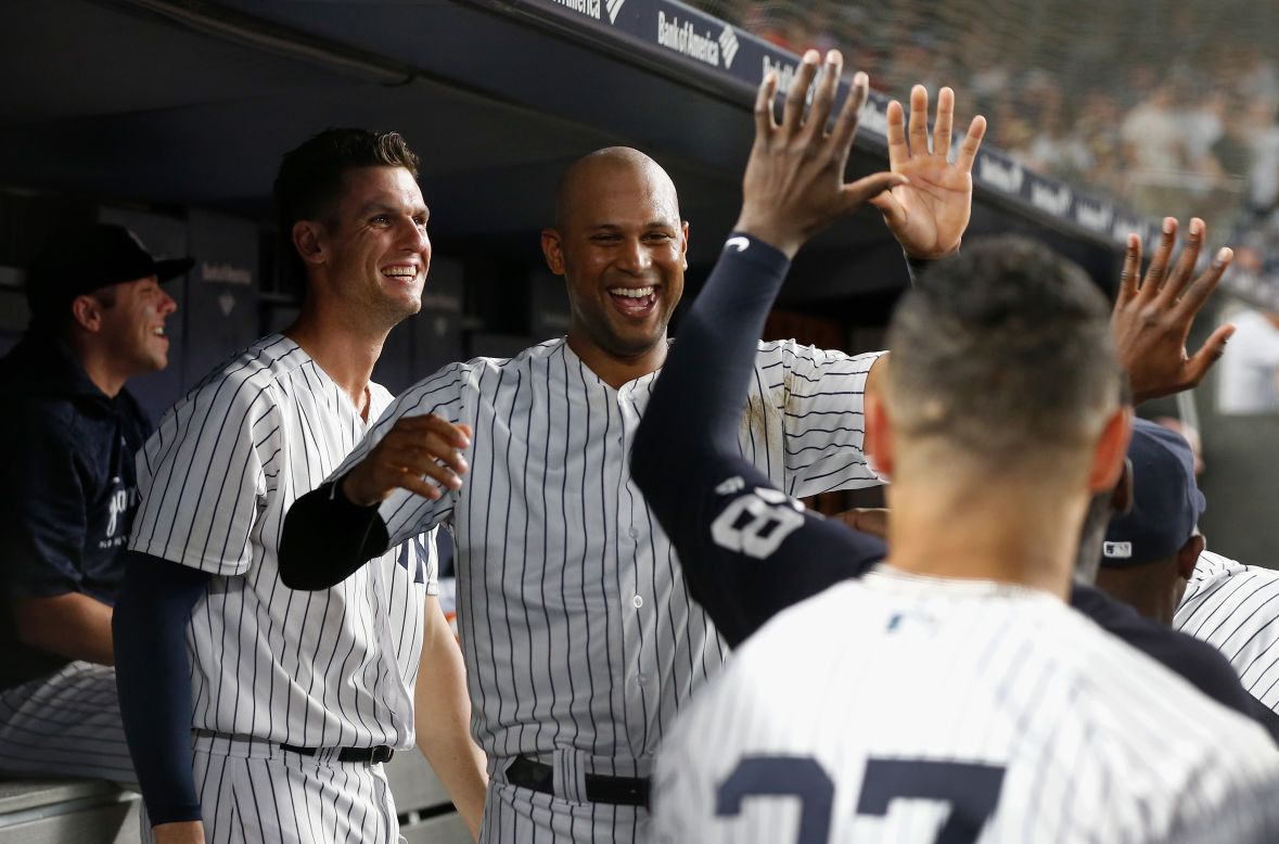New York Yankees Aaron Hicks celebrates his eighth inning home run, his third of the game, against the Boston Red Sox at Yankee Stadium in New York on Sunday, July 1.