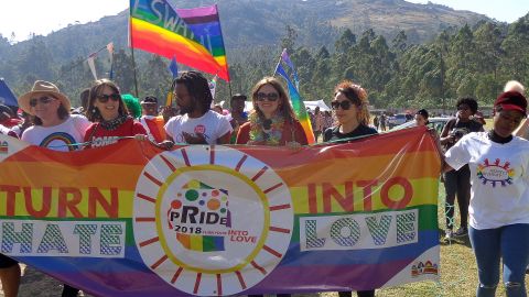 People take part in Swaziland's first ever pride parade in Mbabane on Saturday. 