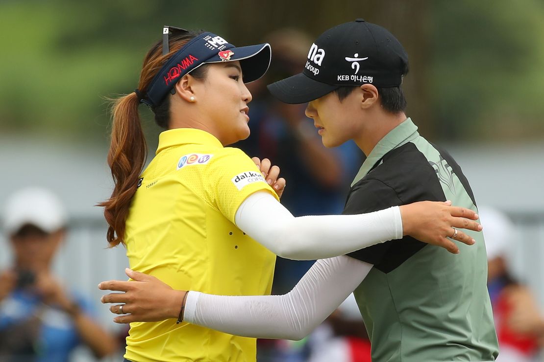 Park (R) hugs compatriot So Yeon Ryu after making a birdie to beat her on the second playoff hole.