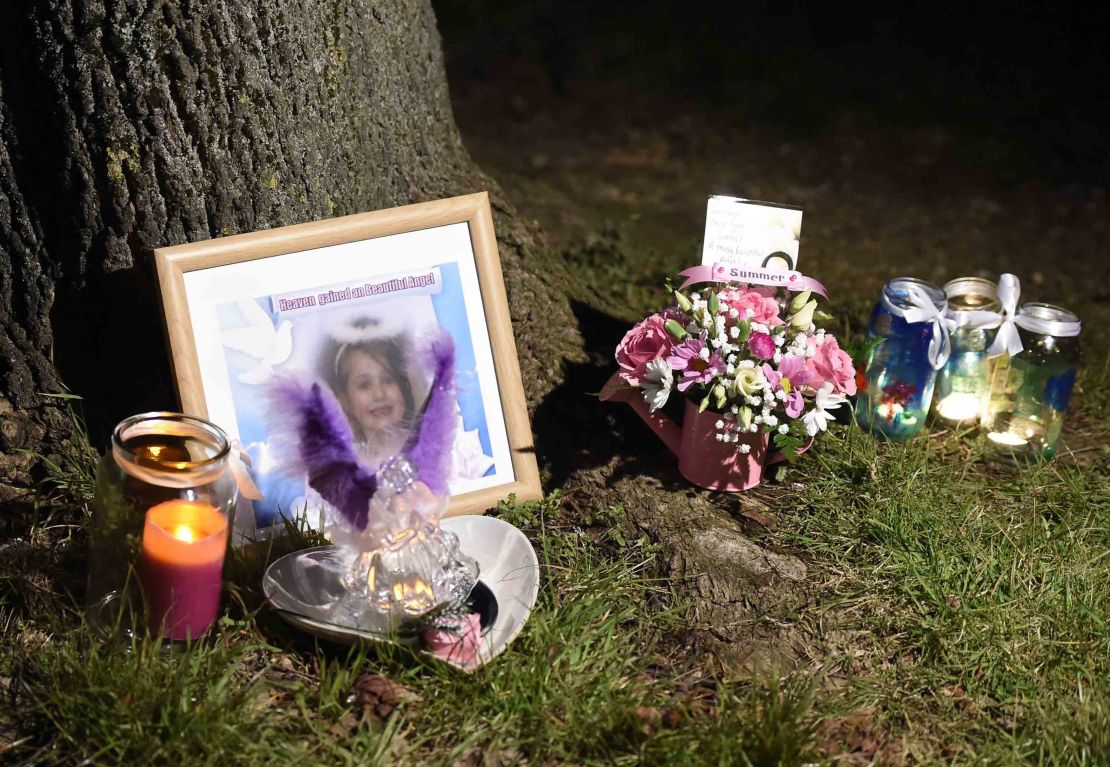 Flowers, candles and photos left in memory of 7-year-old Summer Grant, who died when a bouncy castle blew away in 2016.