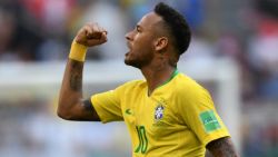 Brazil's forward Neymar celebrates after scoring the opening goal during the Russia 2018 World Cup round of 16 football match between Brazil and Mexico at the Samara Arena in Samara on July 2, 2018. (Photo by Fabrice COFFRINI / AFP) / RESTRICTED TO EDITORIAL USE - NO MOBILE PUSH ALERTS/DOWNLOADS        (Photo credit should read FABRICE COFFRINI/AFP/Getty Images)