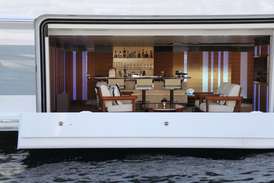A lounge bar on the bottom deck of a superyacht is photoed a the 2016 Monaco Yacht Show. 